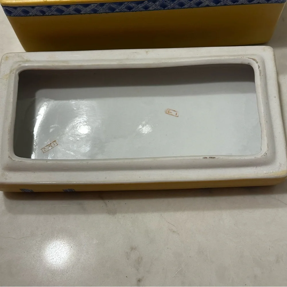 Mid Century Modern Handpainted Ceramic Yellow Trinket Box Blue Chairs